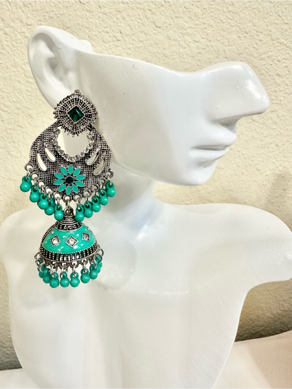 Fashion Jewelry Turquoise Green Jhumka Dangle Earrings - Silver-Tone